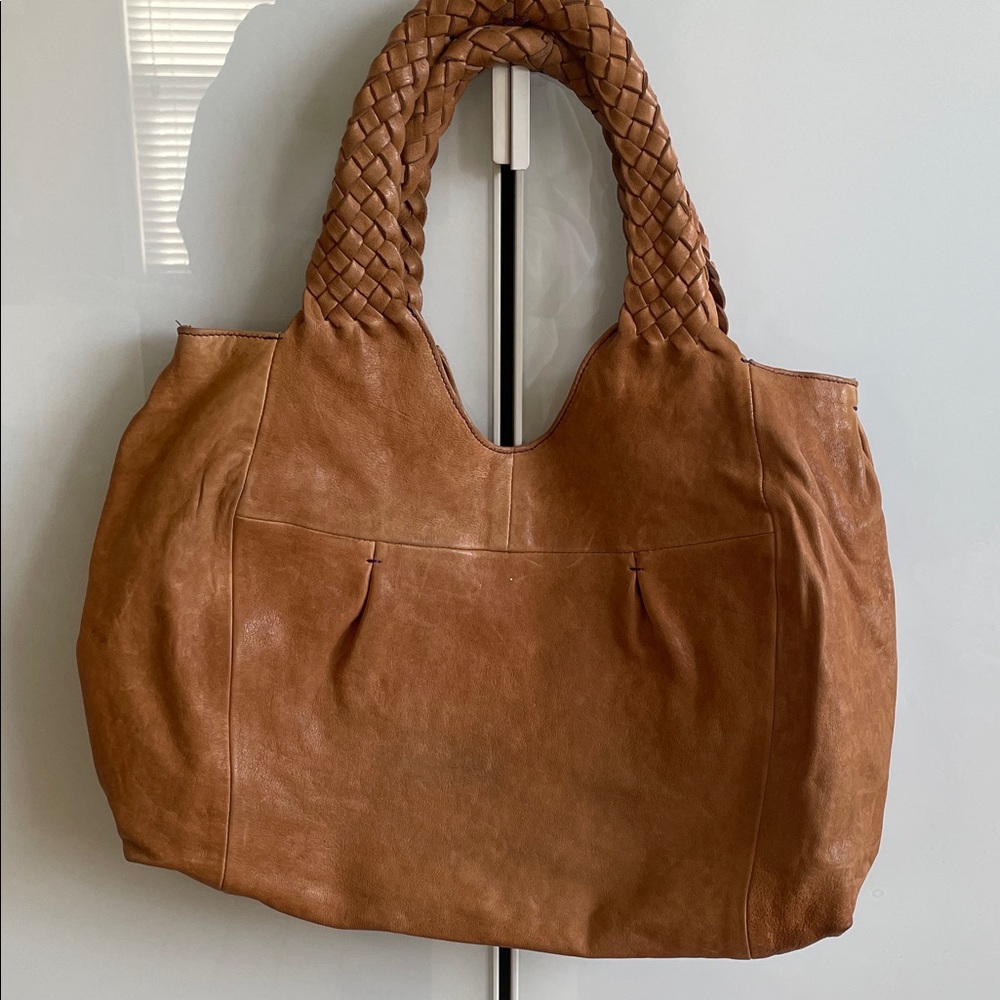 Braided-Handle Large Leather Tote Bag in Cognac made in Italy